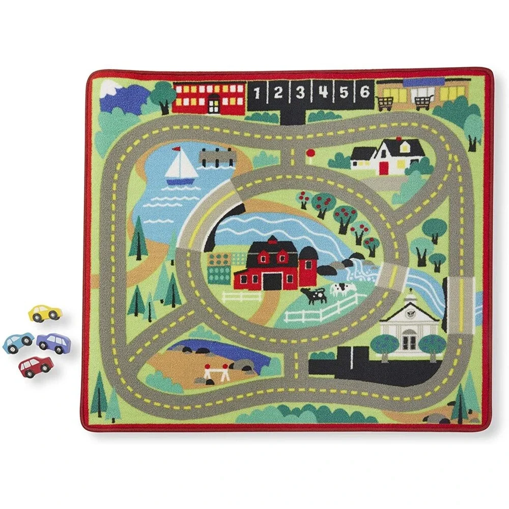 Melissa & Doug Round the Town Road Activity Rug w/ 4 Wood Cars 39x36